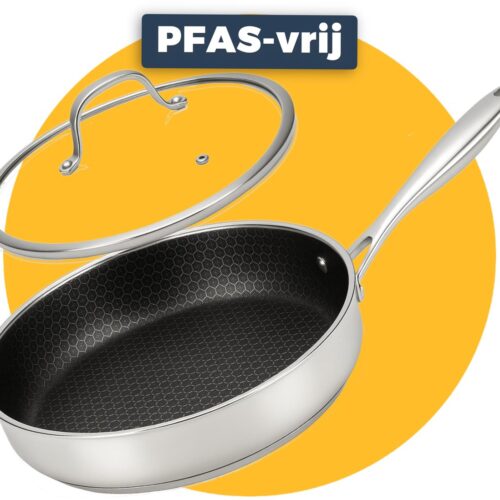 Pasper Hapjespan Ø 28 cm met deksel - PFAS & PTFE vrij - Inductie, Elektrisch, Keramisch & Gas - RVS Honingraat Anti-Aanbakpan Sauteerpan