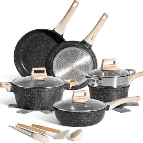 Perfecto Inductie Pannenset met Deksel - Non-Stick Pannen - Glazen Deksel - Anti-Aanbak Kookpannenset - Pannen Zonder PFOA - PFAS - Black - 14 delige kleine stoompan pannenset inductie koudgrepen