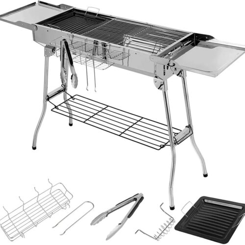 RVS Houtskool Barbecue - Opvouwbare Draagbare BBQ - 122x30x75 cm - Ideaal voor Camping, Tuin & Buiten koken - Grillbarbecue van Roestvrij Staal
