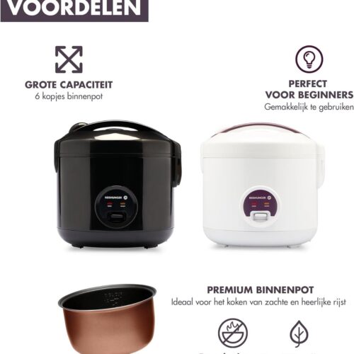 Rijstkoker en stoompan met keramische coating, zwart - Voor 1-6 personen - Snelle bereiding zonder aanbranden - Met warmhoudfunctie incl. stoominzet, lepel en maatbeker...
