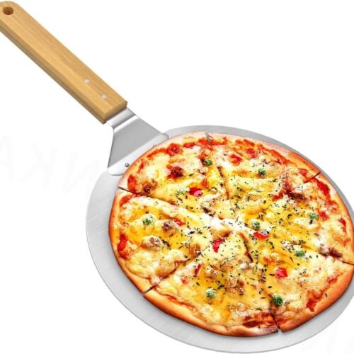 Roestvrij stalen pizzaschep met houten handvat - ronde pizzaschep voor pizza en taart - 255 x 255 cm - flammkuchen en brood Pizzaschep