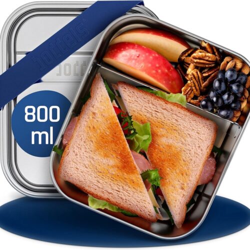 Roestvrijstalen broodtrommel met vakken, 800 ml, incl. flexibele scheider, broodtrommel voor kinderen met onderverdeling, broodtrommel voor snacks, lunchbox voor kinderen