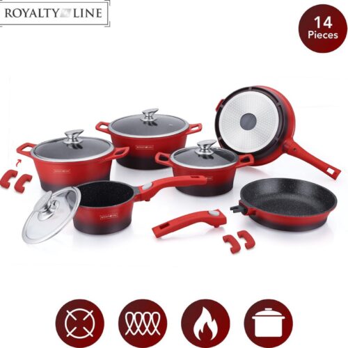 Royalty Line: 14-Delige Pannenset - Marmer Gecoate Pannen - Afneembare Handvaten - Braadpan - Koekenpan - Steelpan - Pannenset Inductie - Pan met Deksel - Bakpan