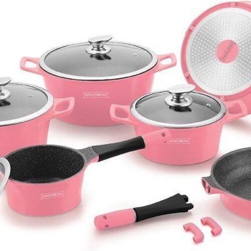 Royalty Line Inductie Pannenset - 14-Delige Pannenset Met Marmeren Coating - Pannen Met Afneembare Handvaten - Oven-Ready - PFAS-Vrij - Voor Alle Warmtebronnen - Afneembare Koudgrepen - Antiaanbaklaag - Koekenpan Met Glazen Deksels - Roze