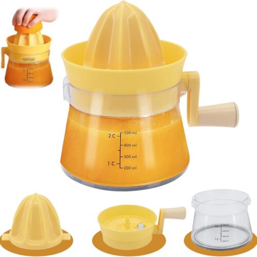Sapcentrifuge- slowjuicer- Handmatige sapcentrifuge - Citroenpers- Eenvoudig en handig - Grote diameter afleidingspoort - Limoenpers met meetinstrument - 500 ml - Geschikt voor gebruik in de keuken, thuis, buiten en op de camping (geel - 16,5 * 13)