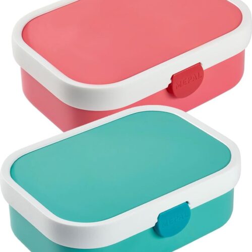 Set van 2 Broodtrommels Campus met Vork, 700 ml - Gekleurde Lunchboxen met Clipsluiting, ABS, 17,8 x 13,2 x 6,1 cm, Turquoise en Roze