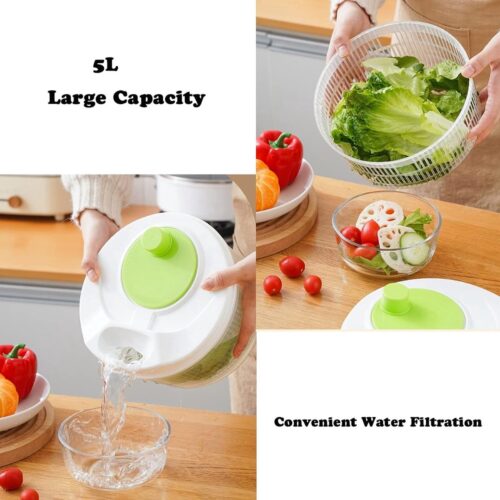 Slacentrifuge van kunststof, slacentrifuge met deksel, slacentrifuge met zwengel, slacentrifuge, opvouwbaar, 5 liter, keukenhulp voor het drogen van groenten, salade, groenten en fruit