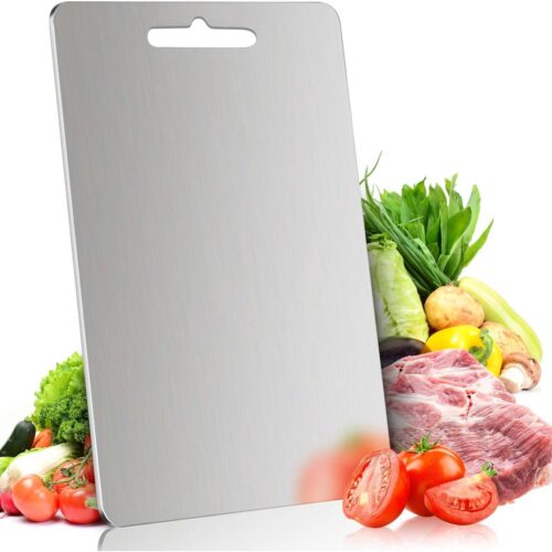 Snijplank van roestvrij staal, snijplanken voor de keuken, roestvrij staal 304 voor vlees, fruit en groenten - vaatwasserbestendige snijplanken met handvat, omkeerbare charcuterieplank (13,38 x 9,05 inch)