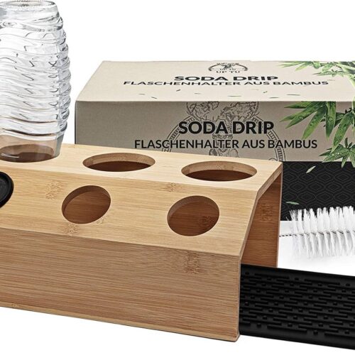 Sodastream-flessenhouder, druppelhouder voor Sodastream Crystal Easy Emil-flessen, bamboe afdruiprek compatibel met Sodastream-flessen, afdruiprek met afdruipmat en flessenborstel