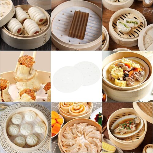 Stoompan van bamboe - 3 niveaus - diameter 20 cm - inclusief 50 vellen stoompapier - voor rijst, groenten, dim sum, vis