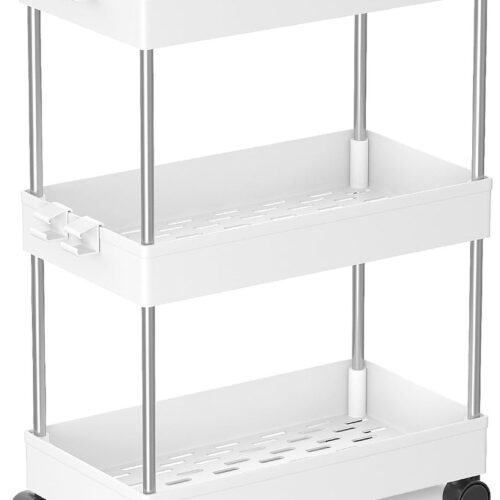 TRANKIELO® - Keukentrolley met 3 Niveaus en 4 Haken-Verrijdbare Opbergplank voor Keuken, Kantoor, Badkamer, Wasruimte-Roestvrijstaal-60x40x22cm