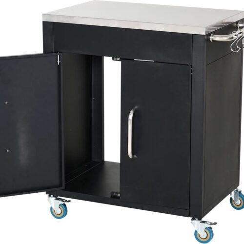 TRUUSK Keukentrolley Met Wielen, Serveerwagen, Trolley Met Kast, Haken En Roestvrijstalen Handgrepen, Keukenhulp, Keukentrolley, Zwart, 86 X 50 X 86,5 Cm