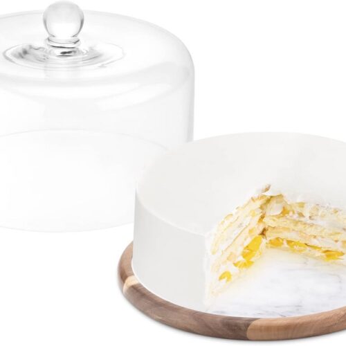 Taartplateau met glazen stolp - 28 cm - Acaciahout en Marmer