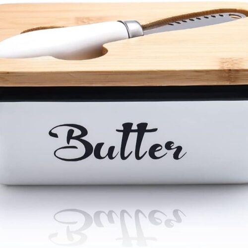 Tovbmup Botervloot met houten deksel - Botervloot van roestvrij staal - met boterbel - Geschikt voor 250 g boter - met multifunctioneel botermes - Groot - Botervloot geschikt voor thuis en keuken - Wit