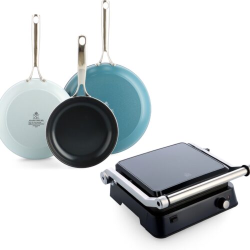 Vaderdagcadeau tip: BK Sky Blue keramische inductie koekenpannenset 3-delig en contactgrill - PFAS vrij - inductie pannenset- Grill - Ovenbestendig tot 220°C - Vaatwasserbestendig - Snelle opwarming - RVS handgrepen - Blauw - Vaderdag cadeaupakket