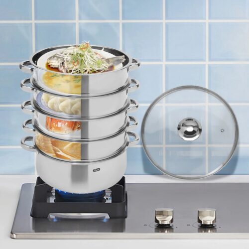Vihes Roestvrijstalen Stoomkoker - Pannen set - Kookpot Met Glazen Deksel - 5 Stuks - Diameter 28 Cm - Rond - Zilver