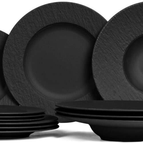 Villeroy & Boch Serviesset Manufacture Rock - Zwart - 12-delig / 4 personen - 4 dinerborden, 4 ontbijtborden en 4 pastaborden