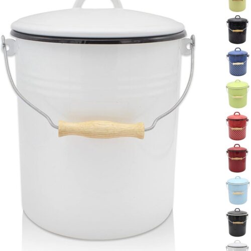 Vuilnisemmer met deksel - Stalen afvalemmer met emaille coating en houten handvat - Duurzaam en veelzijdig (10 liter, wit)
