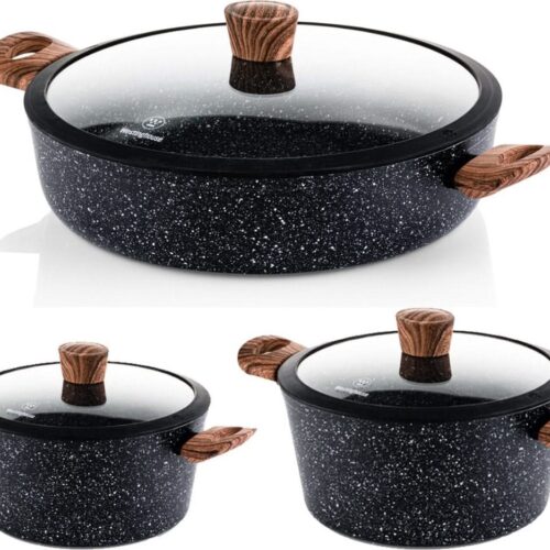 Westinghouse Pannenset Marble Wood - Braadpan ø 24, 28 cm & hapjespan ø 32 cm - inductie en alle andere warmtebronnen - 3 Delig