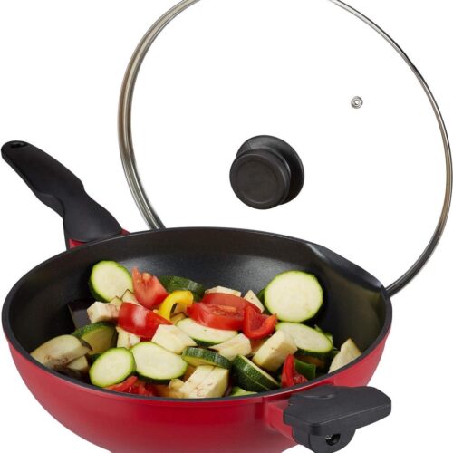 Wokpan 30 cm met deksel en anti-aanbaklaag - geschikt voor gas- en elektrisch fornuis - 4 liter - rood/zwart