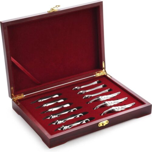 Zilveren messensteunset met Donker Houten Besteksteun in Geschenkdoos - Set van 12 Resten met Animali d'Europa - Luxe Bestekset