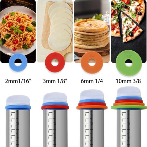 deegroller 3-delige set, 44,5 cm deegroller met verstelbare dikteringen, roestvrijstalen deegroller, deegroller voor het bakken van pizza, pasta, brood - bakaccessoires