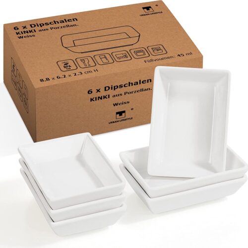 dipkommen porselein stapelbaar 6 x kommen set witte sausschaaltjes "Kinki" (8,8 x 6,2 x 2,3 cm) sojasaus noodles, sushi noodles, fingerfood cruid bowls raclette accessoires
