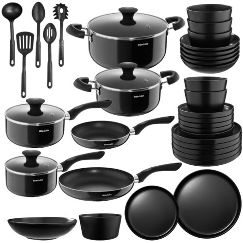 tectake® Complete Kookgerei Set voor 6 Personen - 39-delige Keukengerei Set met Servies en Pannen - Pannenset met Koekenpan - Geschikt voor alle Fornuizen - Serviesset - Magnetron- en Vaatwasserbestendig - Keukenset Perfect voor Starters