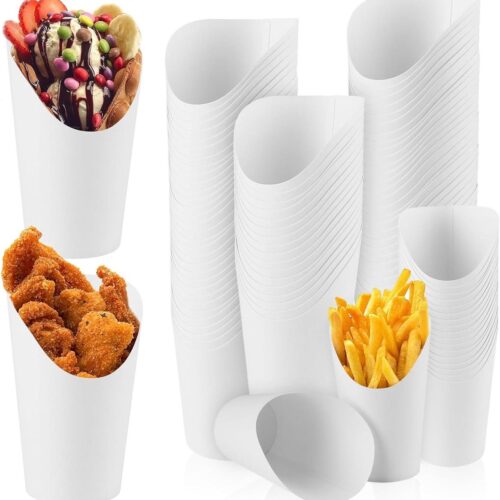 100 stuks witte kraftpapieren bekers 360 ml - Frietzakken met schuine mond - Snackzakjes voor friet en ijs - Geschikt voor bubbelfriet en wafelijzers