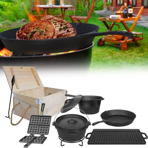 12-Delige Dutch Oven Set In Een Houten Doos Met Dutch Oven, Meer Accessoires, Waaronder Een Voorgekruide Kookpot, Grillplaat, Pan, Deksellifter, Gietijzeren Wafelijzer, Receptenboek, Handschoenen, Zwart