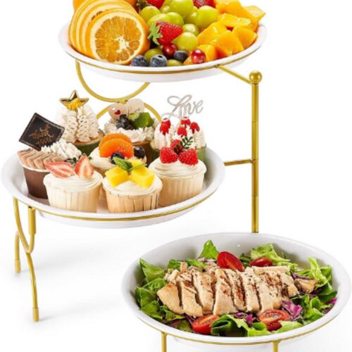3-Laags Ronde Serveerschaal - Herbruikbare Witte Trays met Gouden Standaard - Etagère voor Snacks, Fruit, Koekjes, Dessert en Buffet - Feest Accessoire