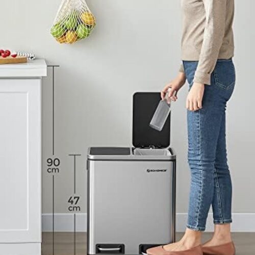 30L Rechthoekige Afvalemmer met 2 Binnenbakken voor Afvalscheiding - Pedaalbediening Roestvrij Staal Zilver - Keukenprullenbak met Geurdichte Sluiting en Vloerbescherming