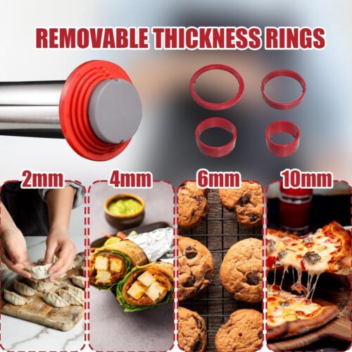35 cm deegroller, rolling pin, deegroller roestvrij staal, uitrolstaaf met afstandhouder, anti-aanbaklaag, deegroller met dikte-verstelbare ringen voor pizza, koekjes en deeg