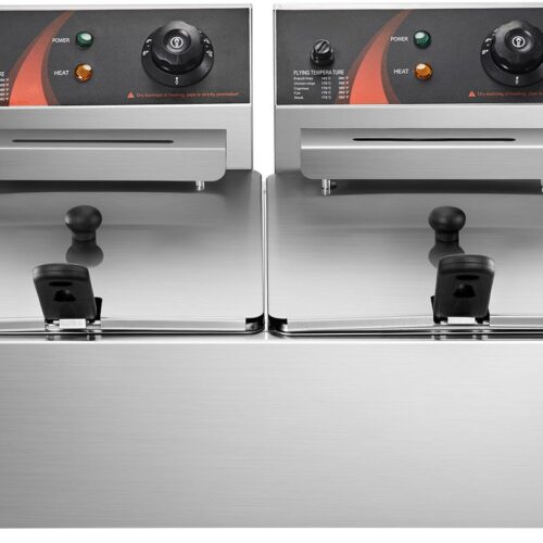 6000 W Dubbele Friteuse 12 L Commercieel Dubbel Instelbare Temperatuurregeling Roestvrijstalen Dubbele Mand Friteuse met Deksel - Gemakkelijk Schoon Te Maken, Voedselveilig
