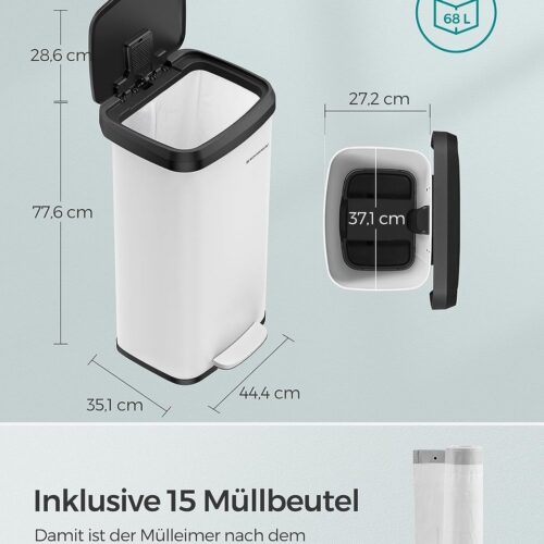 Afvalemmer Keuken, 68 Liter Afvalemmer, Pedaalemmer Van Metaal, Met Deksel, Hoog, Smal En Ruim, Wit-Zwart
