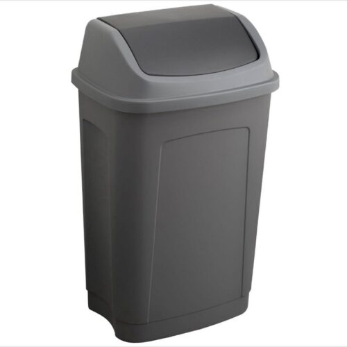 Afvalemmer met schommeldeksel, 50 l, rechthoekig, gerecycled kunststof, grijs en zwart, voor keuken, kantoor, wasruimte, werkplaats, garage