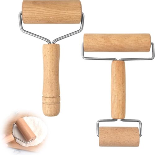 Allecto Plus - Deegroller 2 Stuks met Wieltjes - Hout - Makkelijk schoon te maken - Deegroller Hout voor Pizza Gebak Koekjes en Dumplings - Keukenaccessoire met Trolley - Bakbenodigdheden