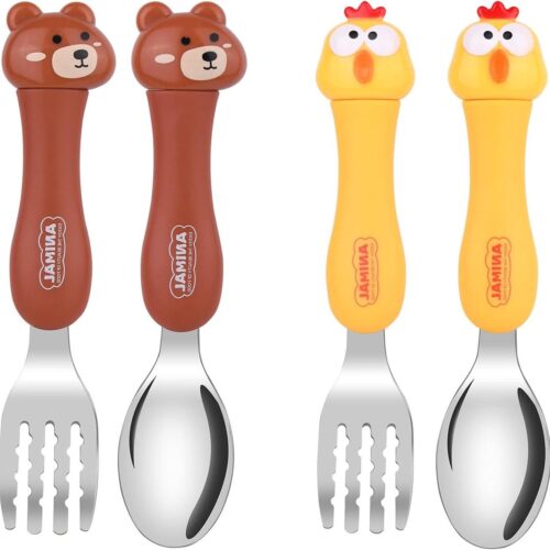 Allecto Premium - Kindervork en lepelset, 4-delige bestekset voor peuters, roestvrij stalen servies voor zelfvoedings training.