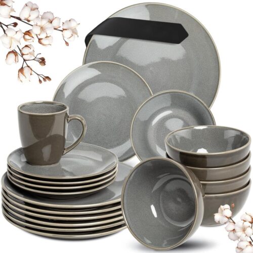 ApexArte® Serviesset - Bordenset 6 Persoons - Chique Bordenset - Porselein - Grijs