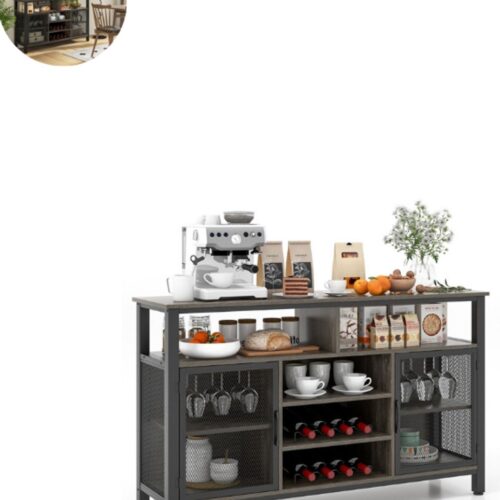 Barkast - Wijnrek - Keukentrolley - Wijnkast - Drankkast - 140 x 40 x 82,5 cm - Wijnfleshouder - Wijnglazenhouder - Grijs + Zwart