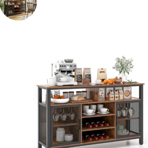 Barkast - Wijnrek - Keukentrolley - Wijnkast - Drankkast - 140 x 40 x 82,5 cm - Wijnfleshouder - Wijnglazenhouder - Rustiek bruin + Zwart