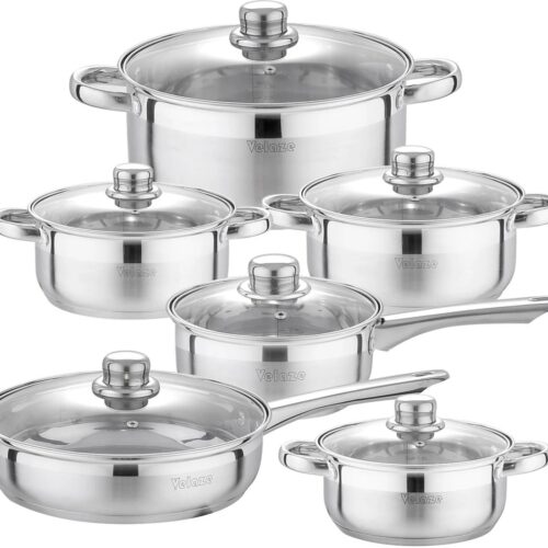 Bearly Keuken Pannenset - 12-delig - Roestvrijstalen Kookpot En Pannenset - Inductiebestendig - Met glazen deksel - Steelpan -Braadpan