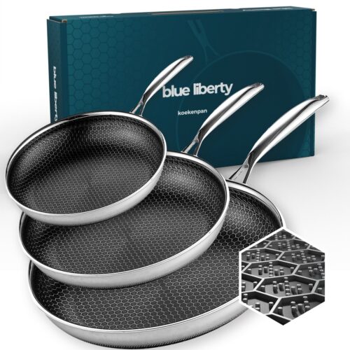 Blue Liberty Pannenset 3 delig - 24, 24 & 28 cm - Hybrid Honingraat Pannen - Keramisch & PFAS-vrij RVS Koekenpan - Geschikt voor Inductie, Gas, Oven & Vaatwasser