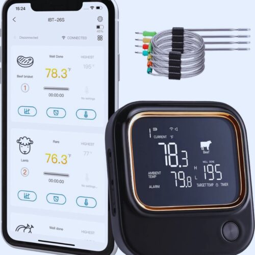 Bluetooth & Wi-Fi BBQ Vleesthermometer Met 4 Sondes - App-bediening - Temperatuuralarm - Timer En Oplaadbare USB - Ideaal voor Oven En Barbecue