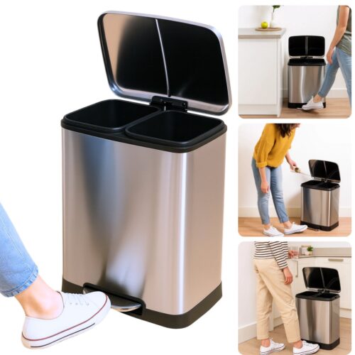 Cheqo® Afvalscheiding Prullenbak - Pedaalemmer Afvalscheiding - Afvalbak - Vuilnisbak 2 Vakken - Prullenbak Keuken - Afvalemmer Huishouden - RVS Prullenbak - Zilverkleurig RVS - Voetpedaal