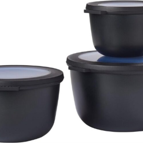 Cirqula Multikom Set 3-Delig - 500, 1000, 2000 Ml - Nordic Black - Bewaar-, Serveer- En Mengkommen - Luchtdicht En Stapelbaar - Magnetron- En Vaatwasserbestendig
