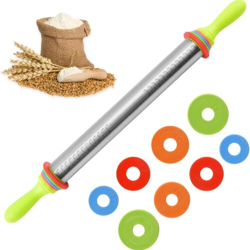 Deegroller roestvrij staal - verstelbare deegroller met schaal - dikke bakring - 61 cm - voor het bakken van deeg, pizza's, taarten, gebak, pasta