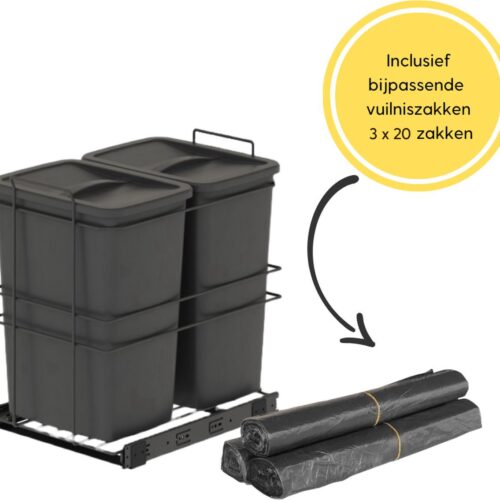 Emuca Afvalbak 2x35 Liter met vuilniszakken - Inbouw Prullenbak - Uittrekbare afvalemmer - Geschikt voor deurbreedte 38 cm, inbouwdiepte 56 cm & Kasthoogte 55 cm - Antraciet