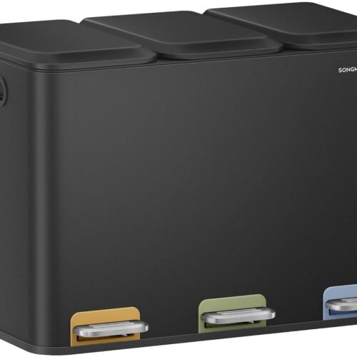 Furnstar Vuilnisbak keuken - 3 x 15 L vakken - Afvalemmer met kleurcoderbare pedalen - Afvalscheidingssysteem met deksels en binnenemmers - Staal - Inktzwart