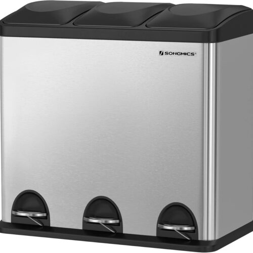 Ganeey 3-Vaks Pedaalemmer 54L - Afvalscheidingssysteem Keuken - Roestvrij Staal Vuilnisbak met Deksel & Binnenemmers - Zilver-Zwart - Hygiënische Afvalemmer met Pedaal & Stickers - Rechthoekig Design
